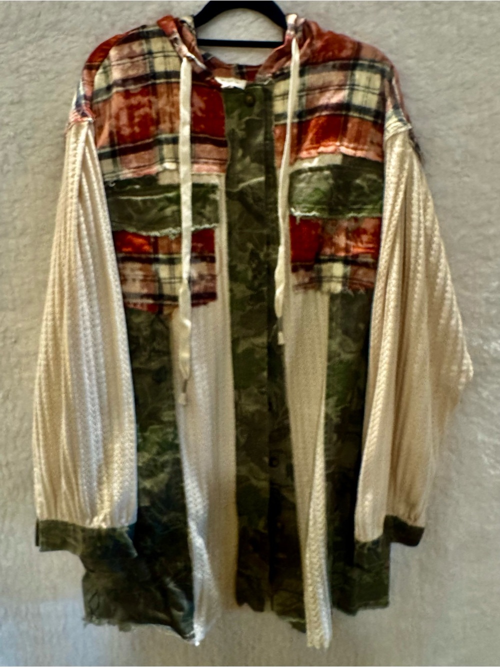 POL Patchwork Hooded Shirt Jacket in Cream, Olive & Rust Plaid